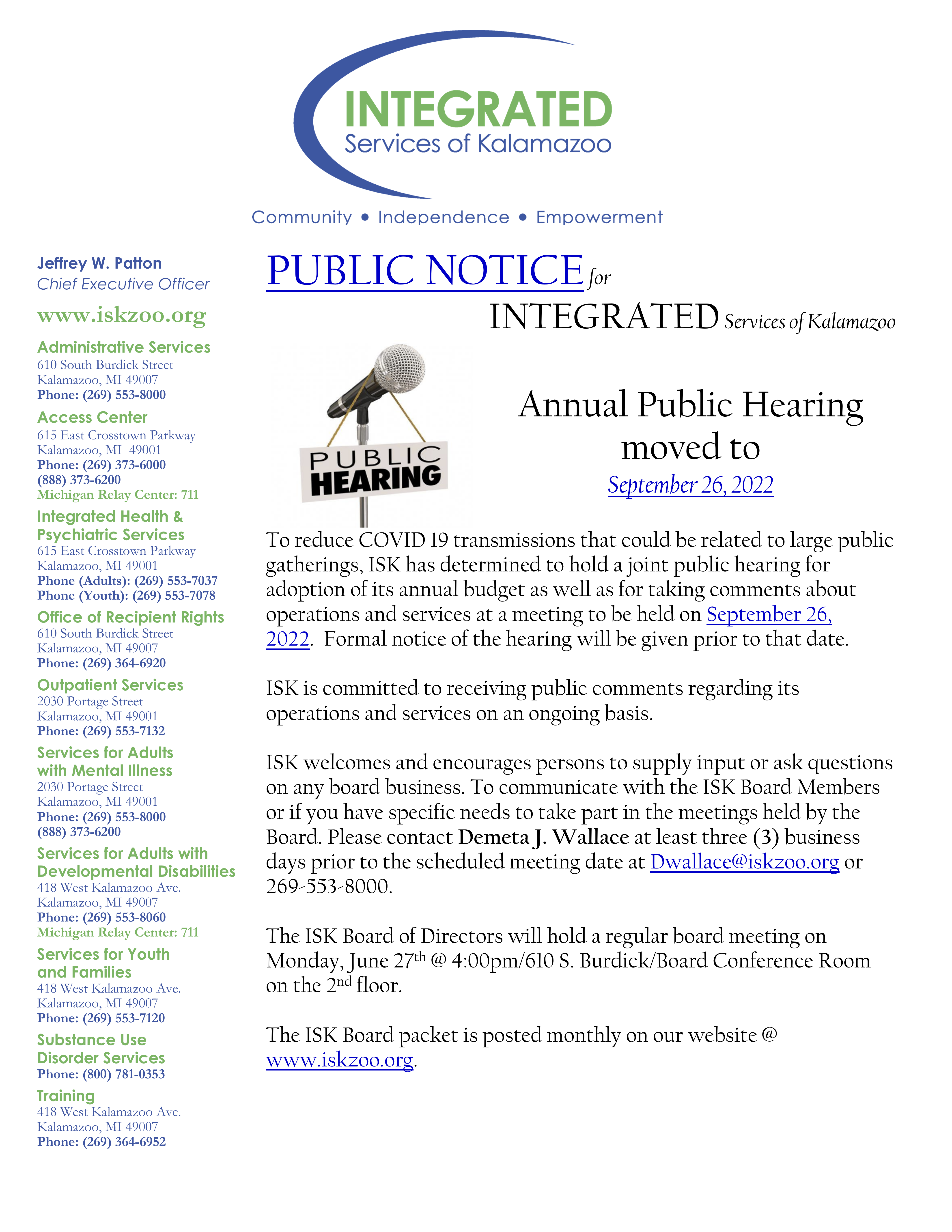ISK's Annual Public Hearing moved to Sept. 26, 2022 - Integrated Services  of Kalamazoo
