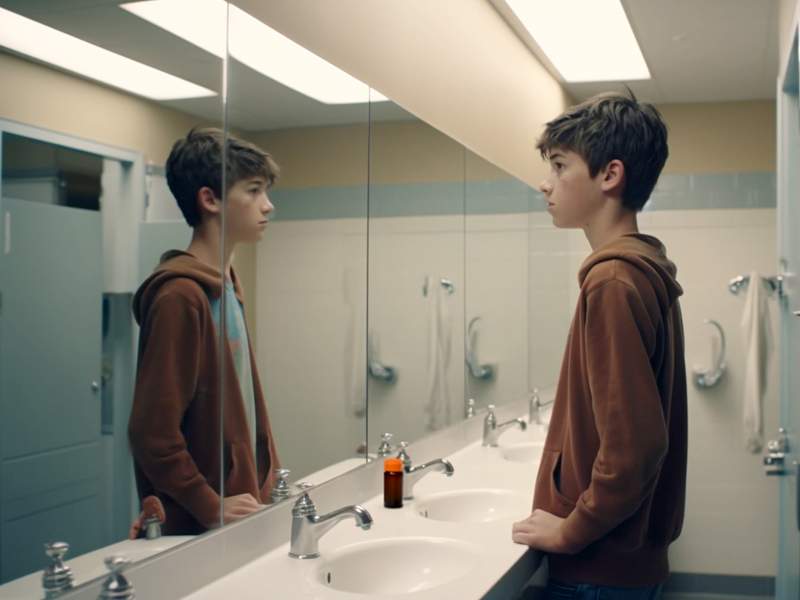 A teenage youth in a bathroom looking at himself in a mirror. On the counter next to the sink is a prescription bottle.