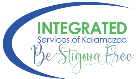 A logo that is be and green. It says Integrated Services of Kalamazoo Be Stigma Free.