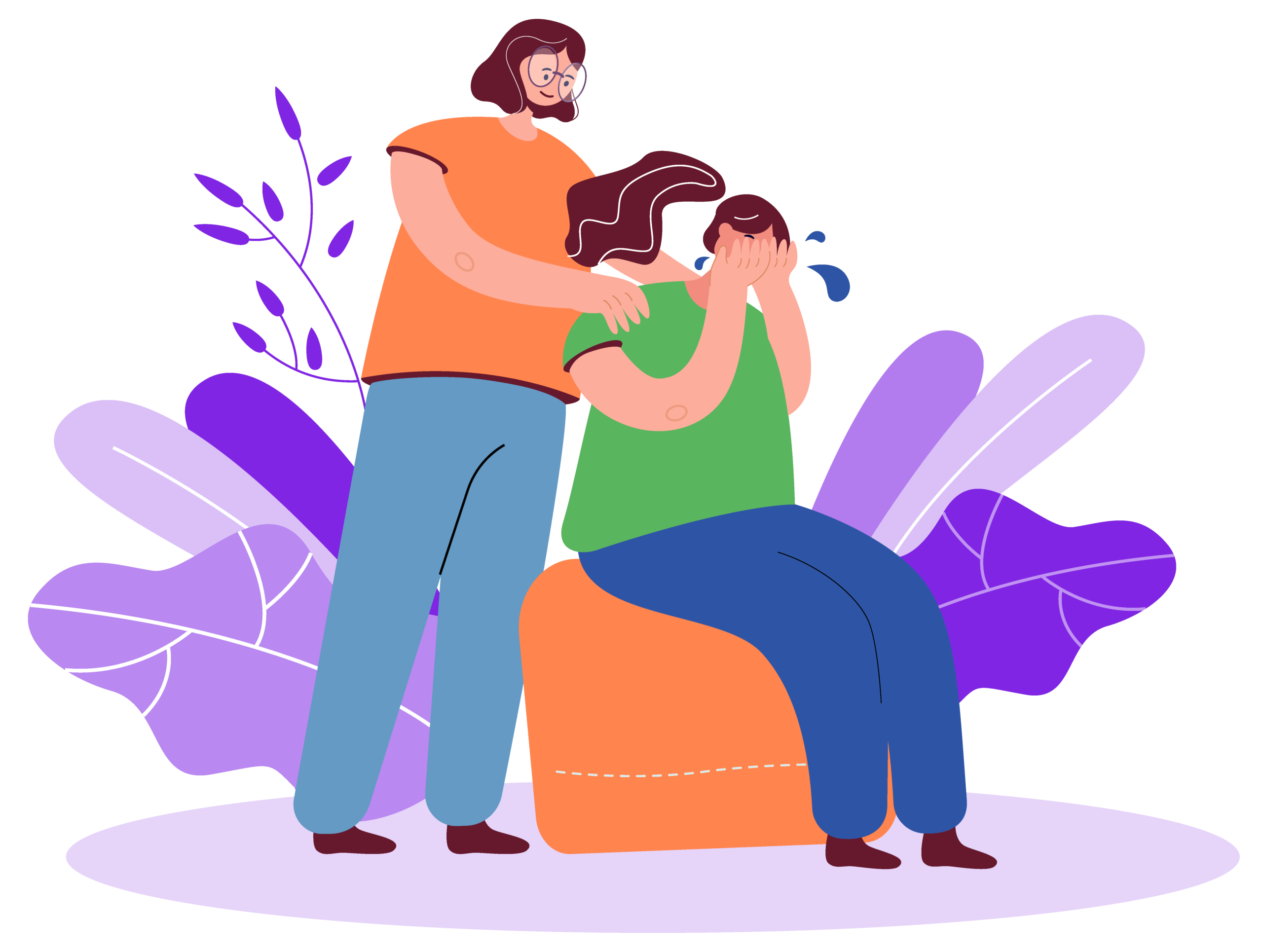 A vector drawing of 2 women. One is crying while the other is comforting the other.
